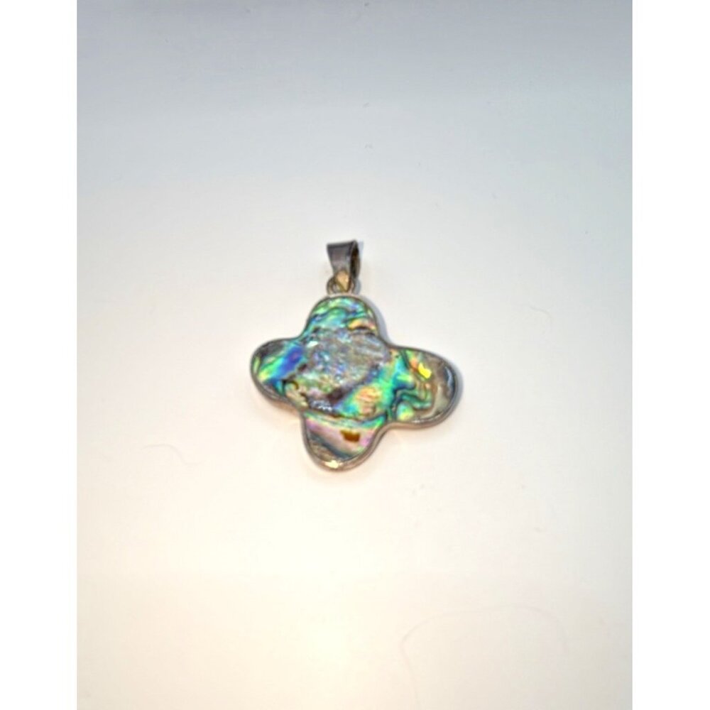 Vtg Sterling 925 Cross Pendant Assymetrical Silver Abalone Colorful Iridescent
